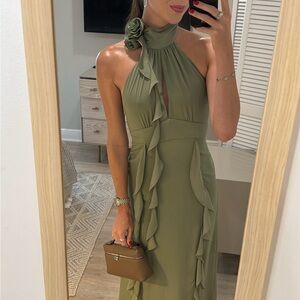 Elegant Olive Green Halter Dress- ZARA